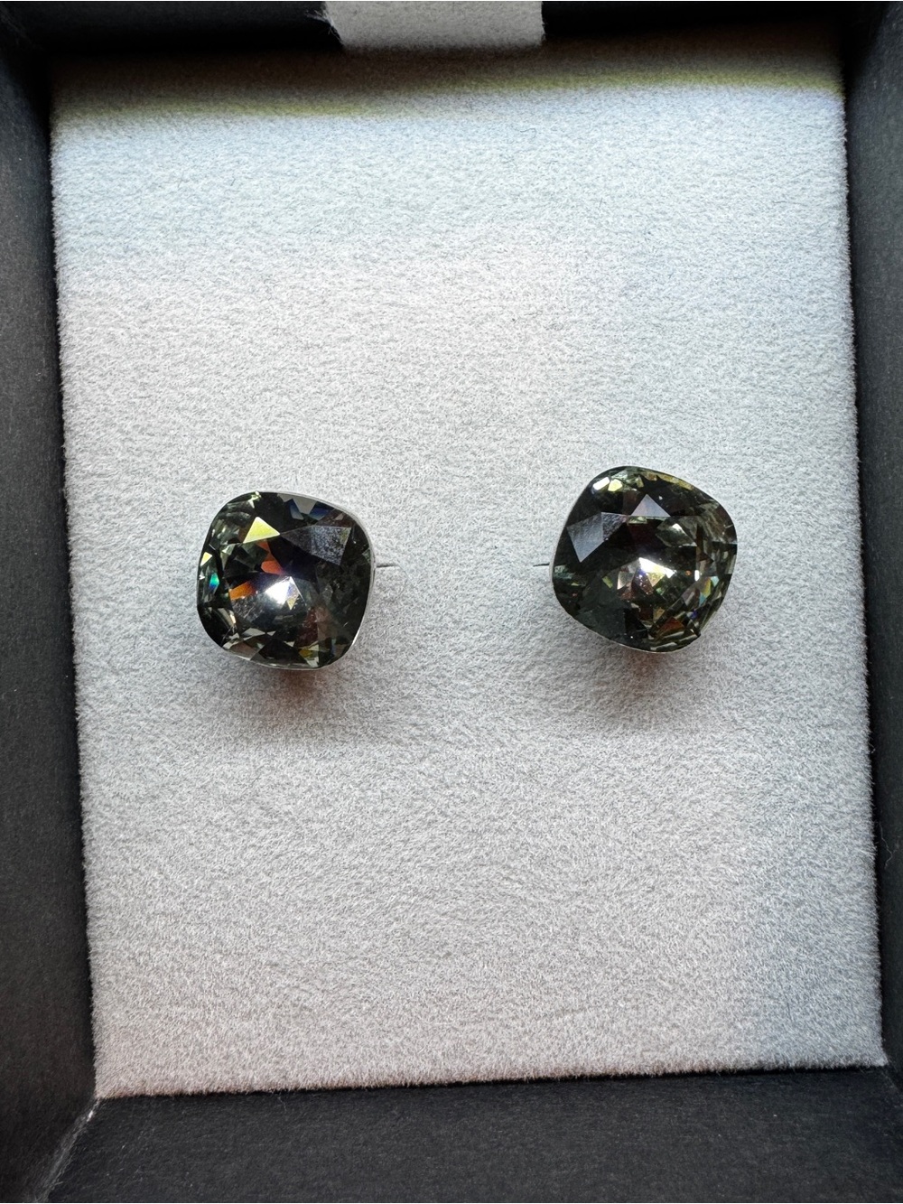 Lola & Grace Swarovski Elements gray diamond crystal cushion stud earrings w box